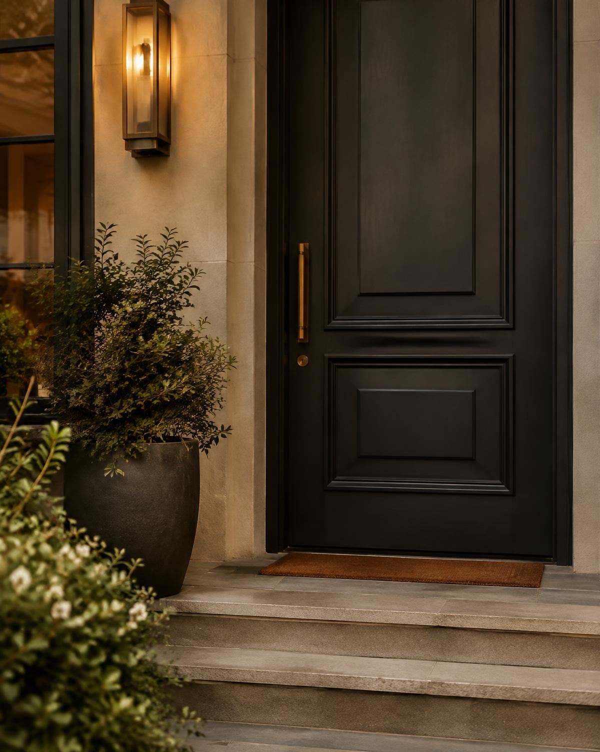Charcoal front door with brass handle