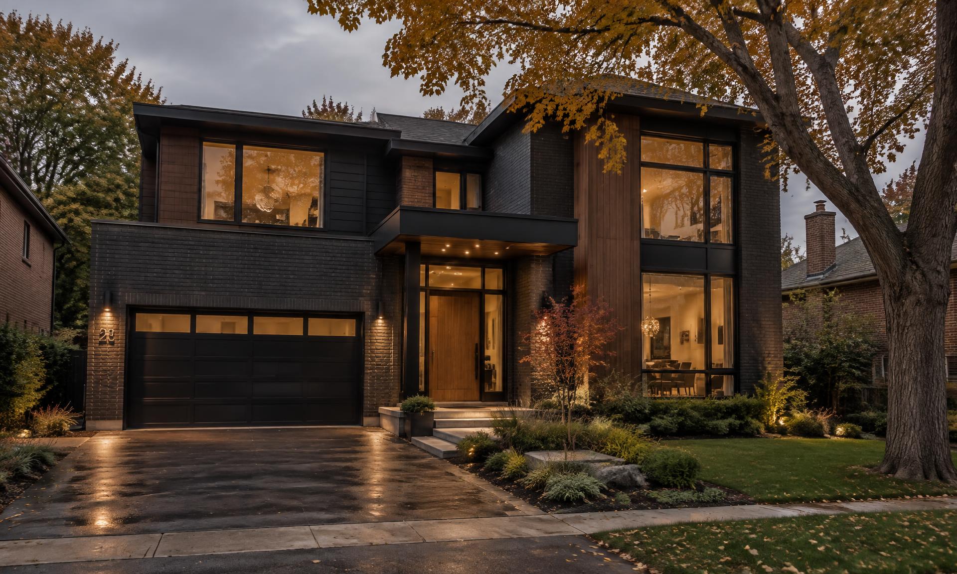 Contemporary brick and wood home at dusk