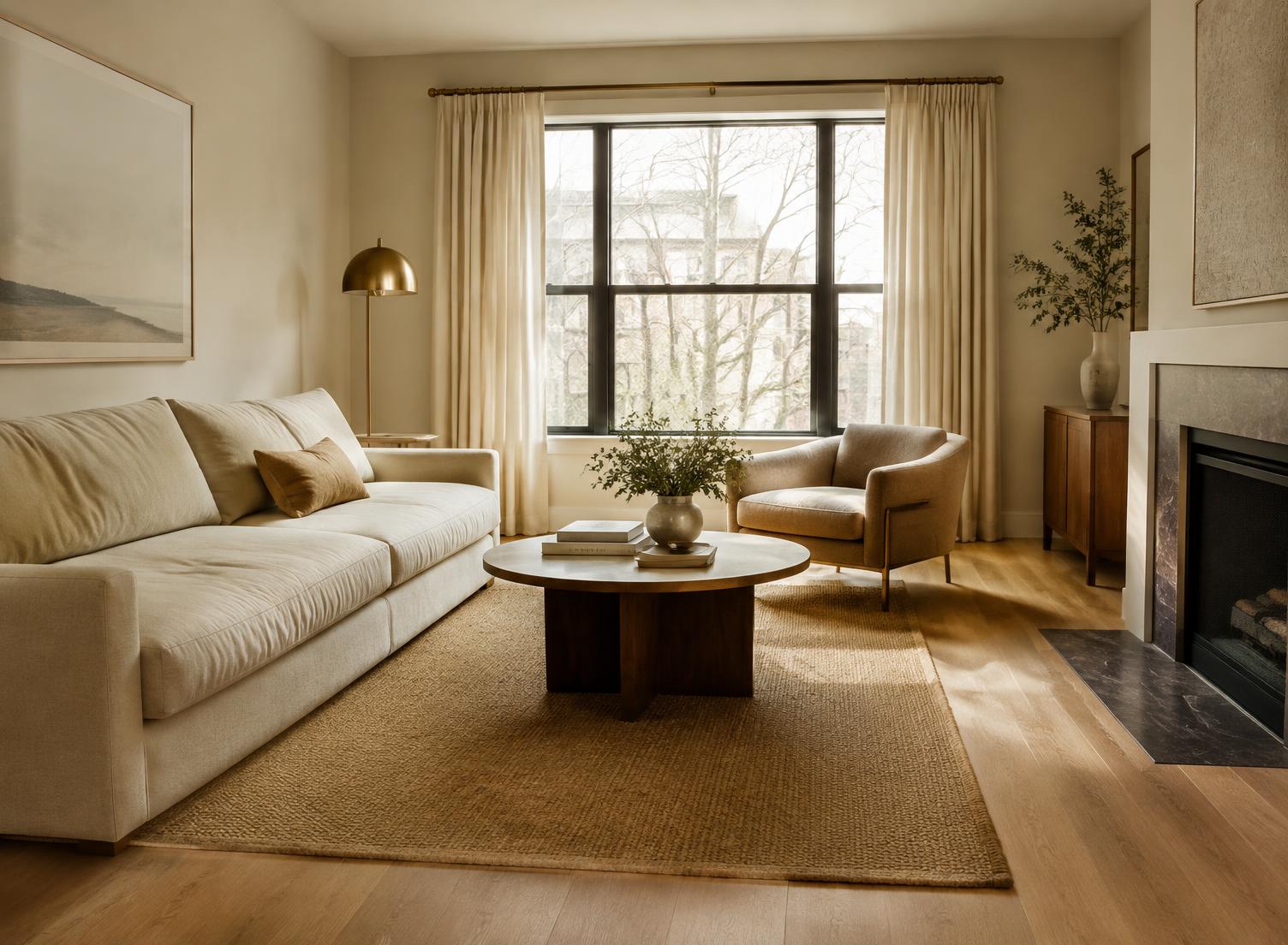 Calm, sunlit living room